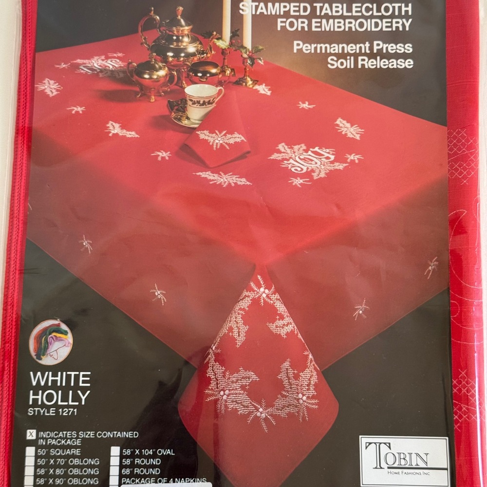 Tobin White Holly Stamped Embroidery Tablecloth Runner Kit 15x44 Christmas